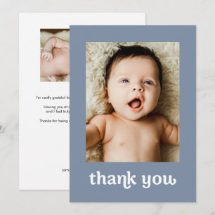 Carte De Remerciements Baptême de bébé 2 photos bleu poussiéreux Croix do