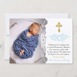 Carte De Remerciements Baptême De Bébé Bébé Bleu Et Or Élégant