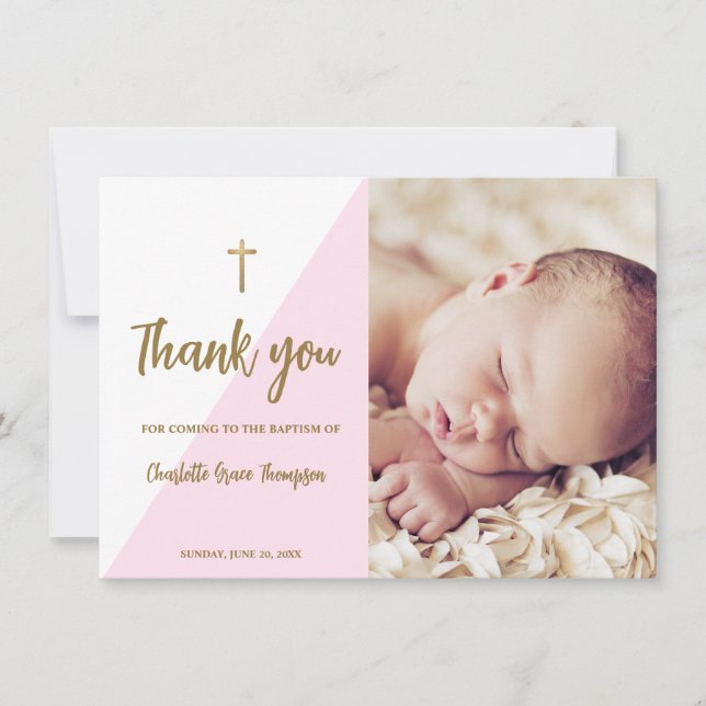 Carte De Remerciements Baptême de fille personnalisée en or rose (Devant)
