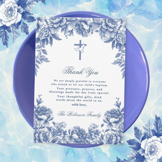 Carte de remerciements Baptême de Fleur Toile Bleu (Créateur téléchargé)