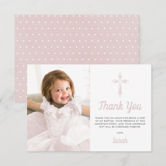 Carte De Remerciements Baptême de la fille rose religieuse (Devant / Derrière)