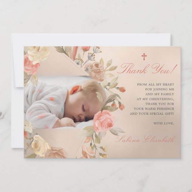 Carte De Remerciements Baptême d'or Christening Baby Roses Jardin Photo (Devant)
