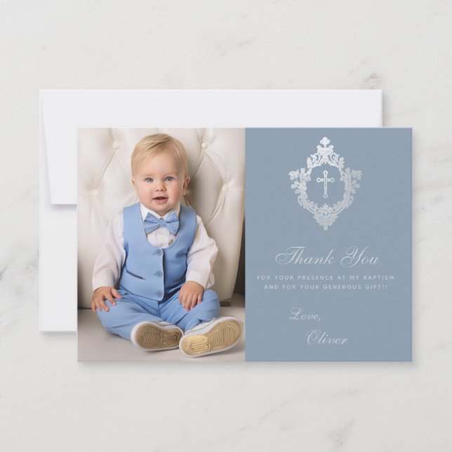 Carte De Remerciements Baptême Dusty Blue Crest Cross Elegant Boy Photo (Devant)
