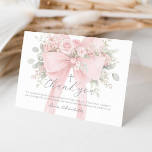 Carte De Remerciements Baptême Fille Bébé Floral Rose Pâle Nœud