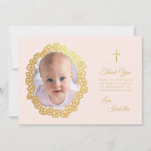 Carte De Remerciements Baptême Fille Rose Photo en faux or dans une couro
