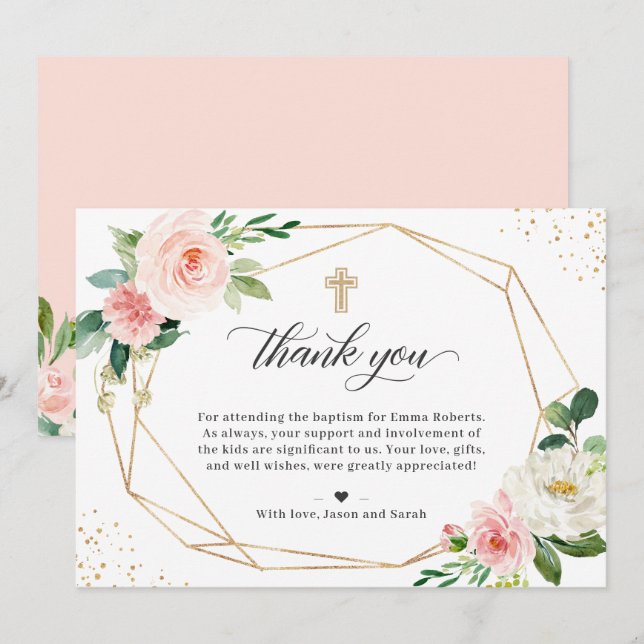 Carte De Remerciements Baptême floral floral flou doré (Devant / Derrière)
