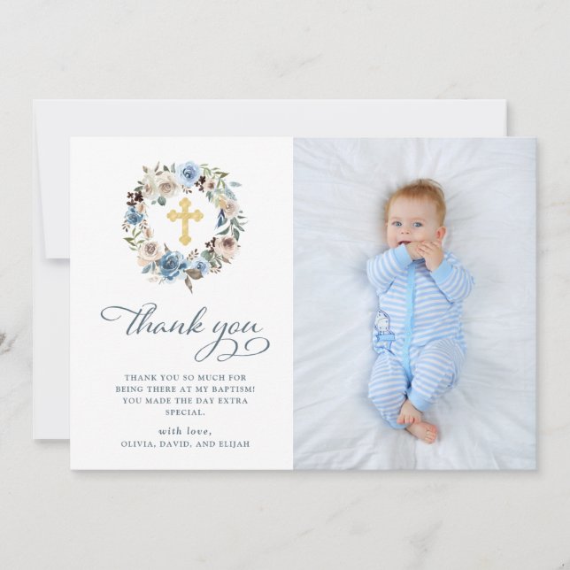 Carte De Remerciements Baptême floral neutre et bleu de photo de | (Devant)