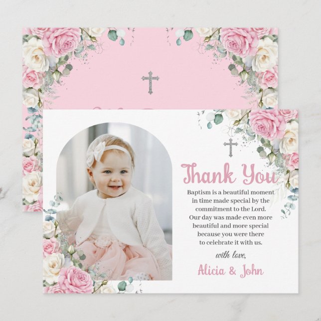 Carte De Remerciements Baptême Floral Rose Blanc Christening Arc Photo (Devant / Derrière)