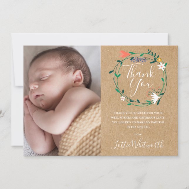 Carte De Remerciements Baptême Floral Rustique, Photo Christening (Devant)