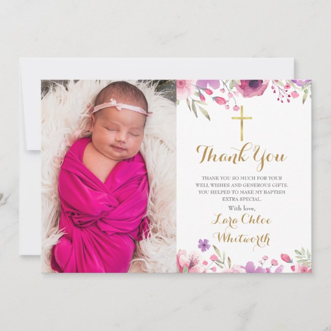 Carte De Remerciements Baptême floral, Script photo Christening (Devant)