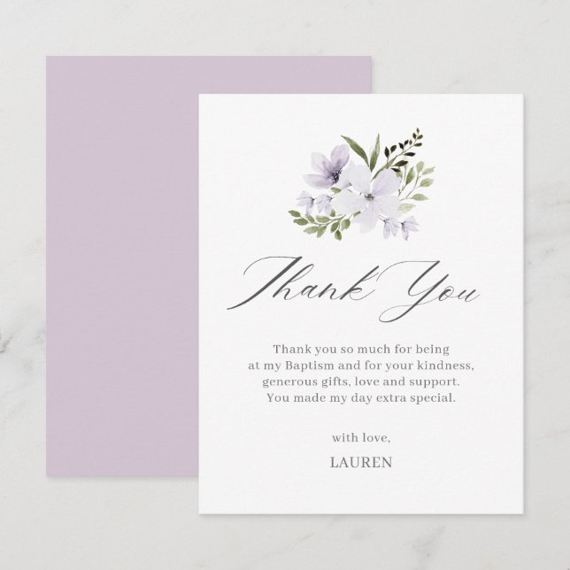 Carte De Remerciements Baptême Floral Violet (Devant / Derrière)