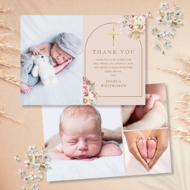Carte De Remerciements Baptême Gold Pampas Collage photo en graminées (Baptism Gold Pampas Grass Photo Collage Thank You Card)