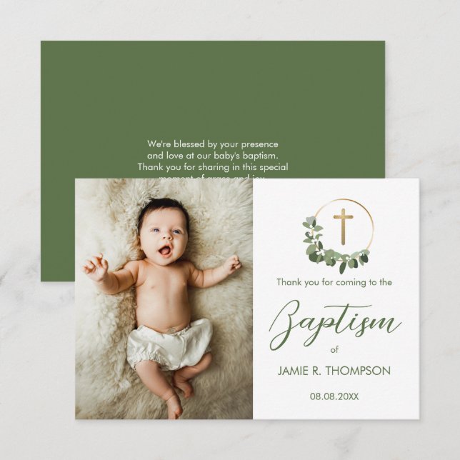 Carte De Remerciements Baptême Moderne Green Wreath cross Photo personnal (Devant / Derrière)