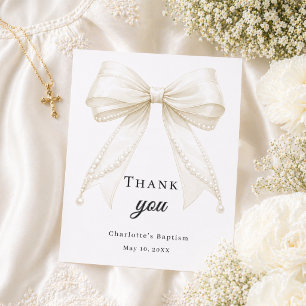 Carte De Remerciements Baptême noeud blanc perles d'ivoire