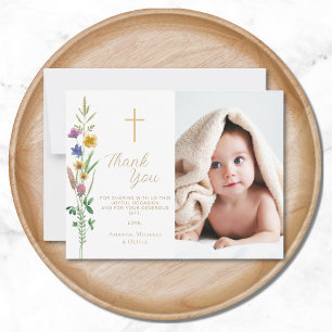 Carte De Remerciements Baptême photo Fleur sauvage floral