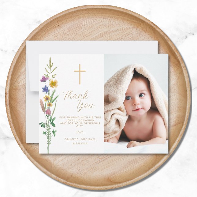 Carte De Remerciements Baptême photo Fleur sauvage floral (Créateur téléchargé)