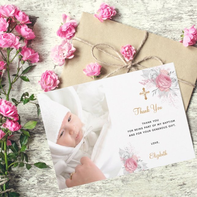 Carte De Remerciements Baptême rose florales personnalisées photo or blan (Créateur téléchargé)