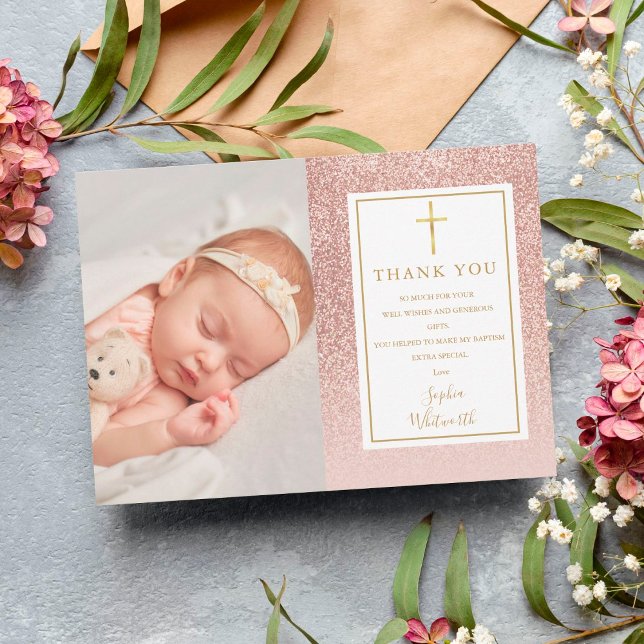 Carte De Remerciements Baptême Rose Gold Pailleté Photo (Créateur téléchargé)