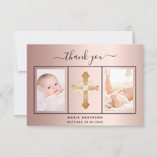 Carte De Remerciements Baptême rose or blush photo script fille