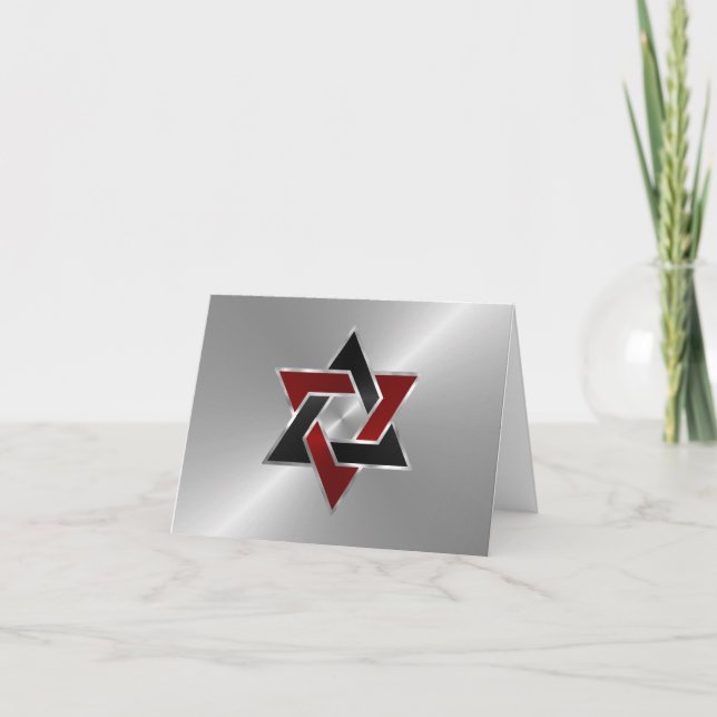 Carte De Remerciements Bar Mitzvah Argent rouge étoile noire de David (Devant)