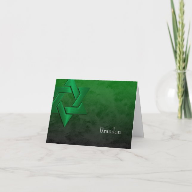 Carte De Remerciements Bar Mitzvah Étoile verte élégante de David Ombre (Devant)