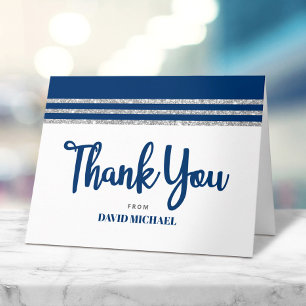 Carte De Remerciements Bar Mitzvah Navy Blue Silver Tallit Script moderne