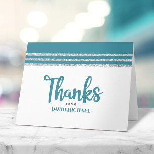 Carte De Remerciements Bar Mitzvah Turquoise Argent Tallit Script moderne