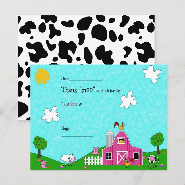 Carte De Remerciements Barnyard Whimsy Pink Remplissez le vide (Devant / Derrière)