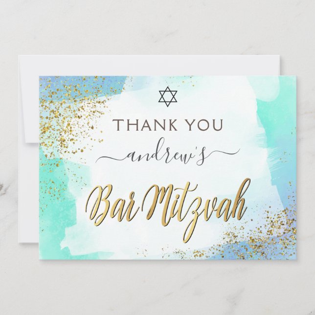 Carte De Remerciements Barre D'Aquarelle Bleu Et Or Mitzvah (Devant)
