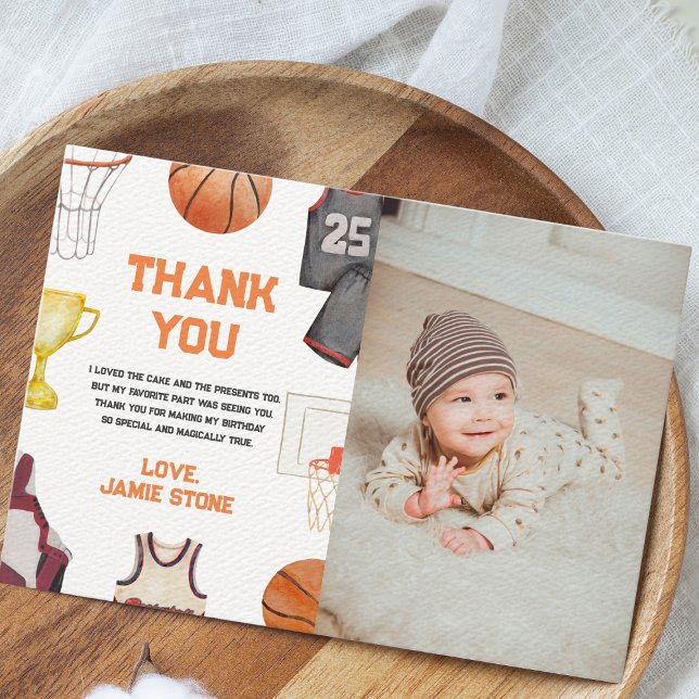 Carte De Remerciements Basket-ball Aquarelle Garçons 1er Anniversaire (Basketball 1st birthday thank you card)