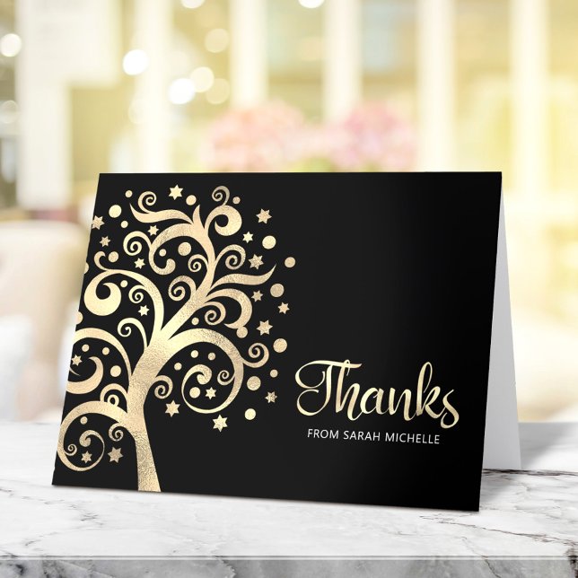 Carte De Remerciements Bat mitzvah Black Gold Foil Arbre de vie Script (Créateur téléchargé)