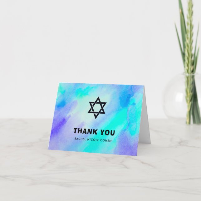Carte De Remerciements Bat mitzvah d'aquarelle de bleu et de turquoise (Devant)