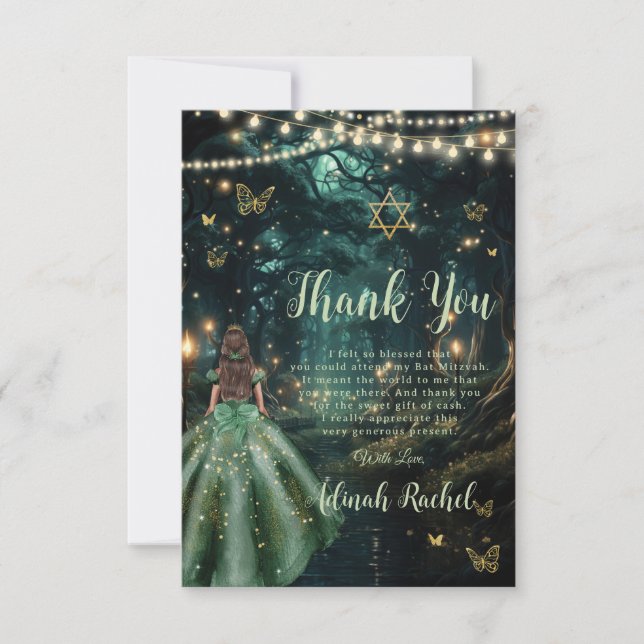 Carte De Remerciements Bat mitzvah de robe vert émeraude de la forêt ench (Devant)