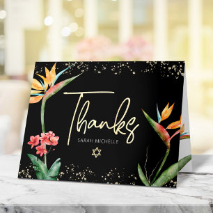 Carte De Remerciements Bat Mitzvah Floral Tropical Aquarelle Noir Or