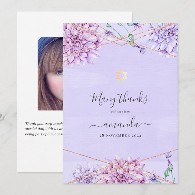 Carte De Remerciements Bat mitzvah géométrique Lavande et or Floral (Devant / Derrière)