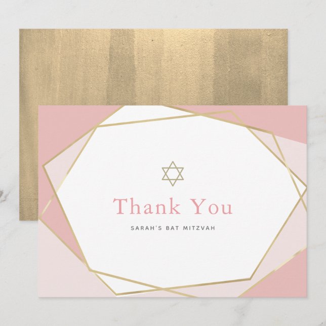 Carte De Remerciements Bat mitzvah géométrique rose et or (Devant / Derrière)