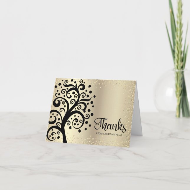 Carte De Remerciements Bat mitzvah Gold Foil Black Tree of Life Script (Devant)