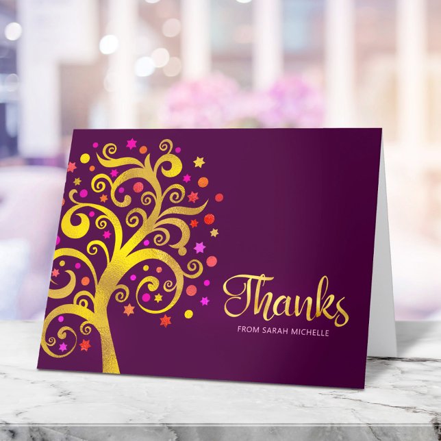 Carte De Remerciements Bat mitzvah Moderne Gold Foil Arbre de vie Bourgog (Créateur téléchargé)