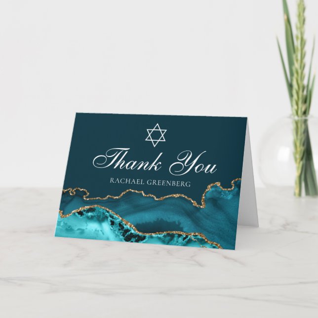 Carte De Remerciements Bat mitzvah personnalisé Chic Turquoise Gold Agate (Devant)