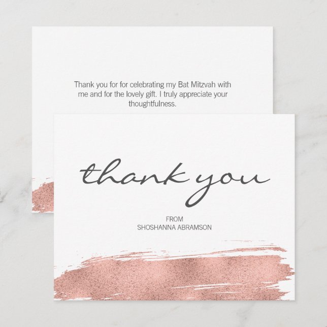 Carte de remerciements Bat mitzvah rose Gold Brush (Devant / Derrière)