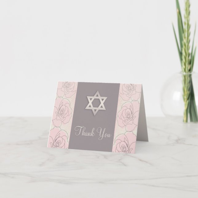 Carte de remerciements Bat mitzvah rose roses (Devant)