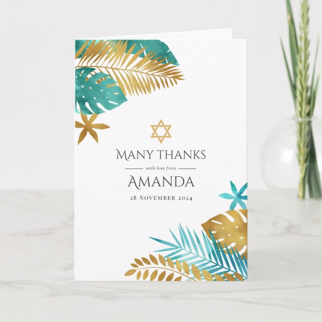 Carte De Remerciements Bat mitzvah turquoise et Gold Tropical (Devant)