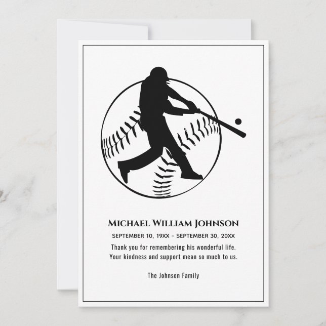 Carte De Remerciements Batterie de baseball noir et blanc commémoratif fu (Devant)