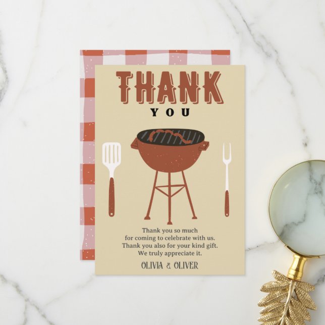 Carte De Remerciements BBQ - Genre révélée, baby shower Baby-Q (Devant/Arrière en situation)