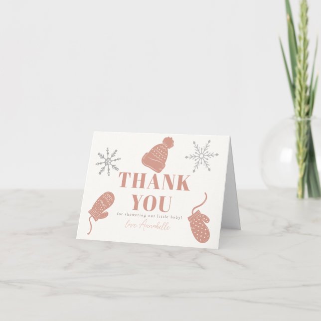 Carte De Remerciements Beanie rose et gants Baby shower fille (Devant)