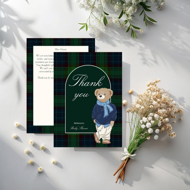 Carte De Remerciements Bearly wait classique plaid baby shower (Bearly wait classic plaid teddy bear baby shower thank you cards)