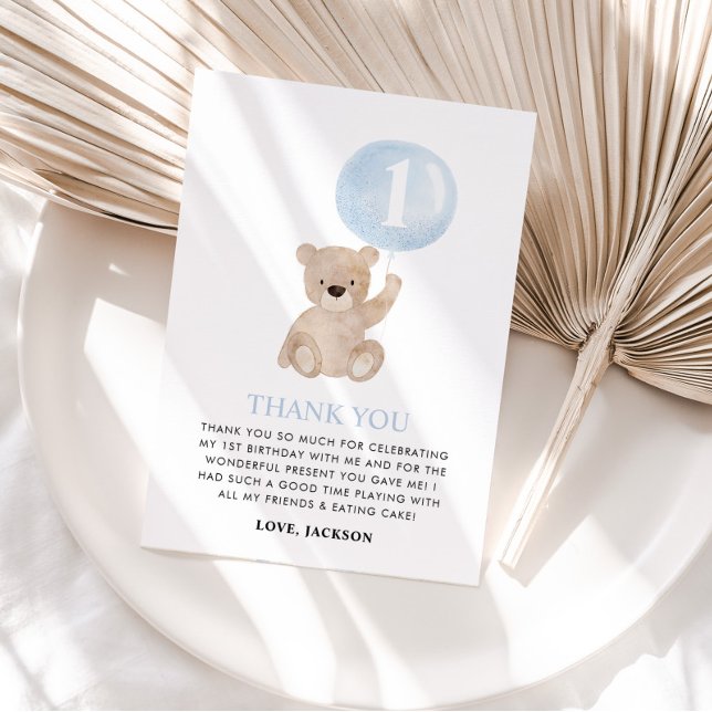Carte De Remerciements Béary 1er anniversaire Ours Bleu Bleu (MATCHING 1ST BIRTHDAY ITEMS AVAILABLE)
