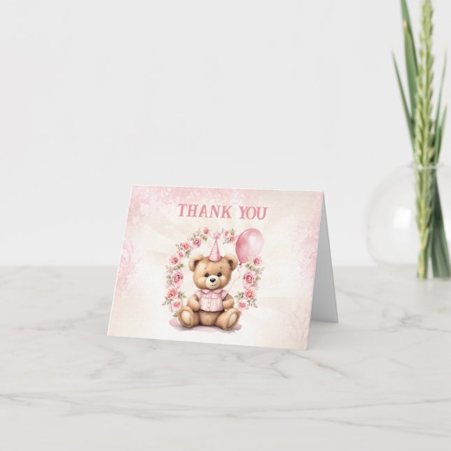 Carte De Remerciements Beary 1er anniversaire Roses roses roses Teddy Bea (Devant)
