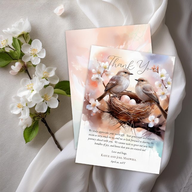 Carte De Remerciements Beau Baby shower Jumeaux de la fête de nidificatio (Beautiful Birds In Nest Nesting Party Twins Gender Neutral Baby Shower Flat Thank You Card)