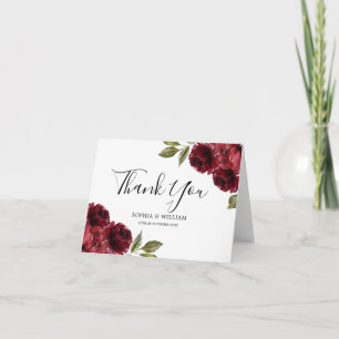 Carte De Remerciements Beau Elégant Mariage de Fleurs Rouges Bourgogne